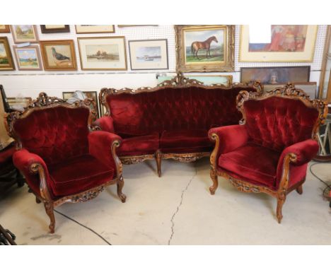 Victorian style Three Piece Suite comprising three seater settee, 203cm long x 105cm high x 85cm deep and two Armchairs, 87cm