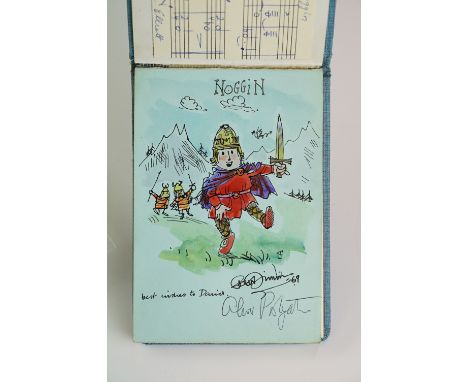 A vintage autograph book with original 'Noggin the Nog' colour sketch signed by Peter Firmin along with Oliver Postage signat