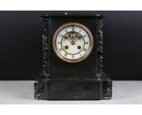 Victorian Slate and Marble Mantle Clock, the white dial with Roman numerals, 25cm high