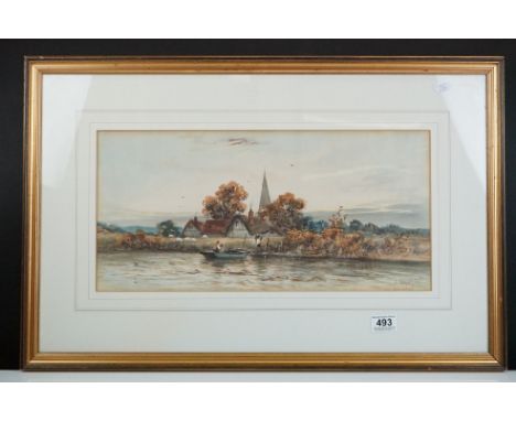 Amy Watts, 19th century, a tranquil rural river scene with figures and sheep, label to verso ( artist was a painter of landsc