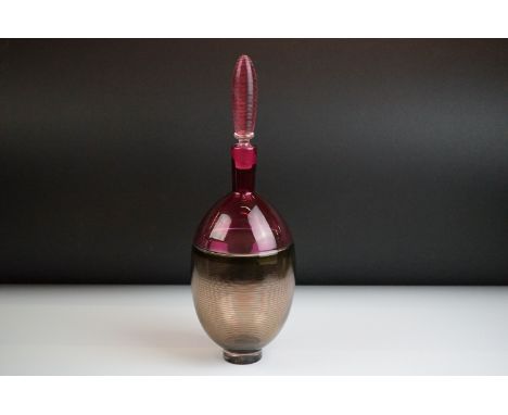 Bob Crooks - Spirale Encalmo studio glass decanter &amp; stopper in ruby &amp; smoky grey, the decanter of footed ovoid form,