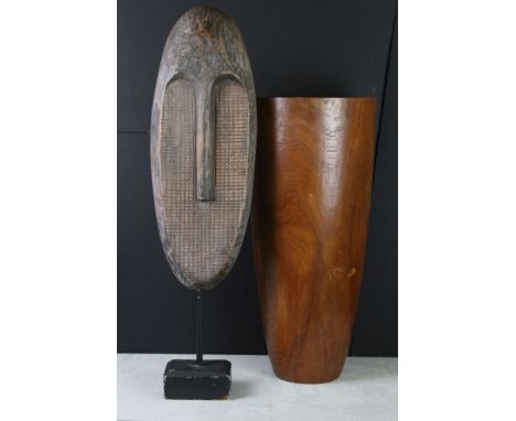 Hardwood Tall Slender Vase / Stick Stand, 60cm high together with a Wooden Face Mask on Stand, 78cm high 