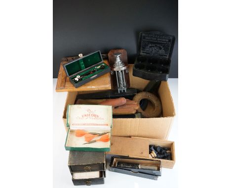 A box of mixed collectables to include wooden chess set, vintage darts and engineers tools ...etc.. 