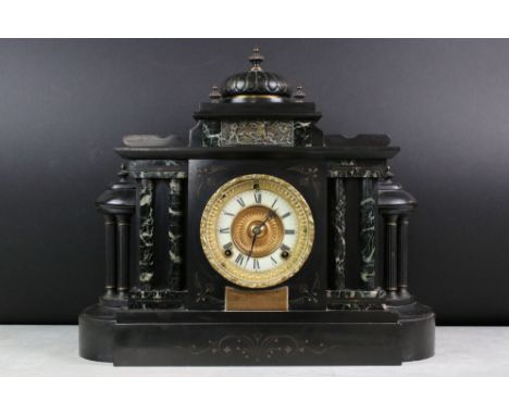 Victorian Architectural Slate and Marble Mantle Clock, the gilt and enamel dial with Roman numerals, 42cm high 