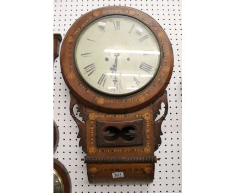 Victorian Walnut Inlaid Drop Dial Wall Clock, 8 day, the circular face with Roman numerals, 70cm high 