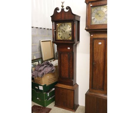 19th century Country Oak and Mahogany cross-banded Longcase Clock, 8 day, the 12" brass square face with Roman numerals and s