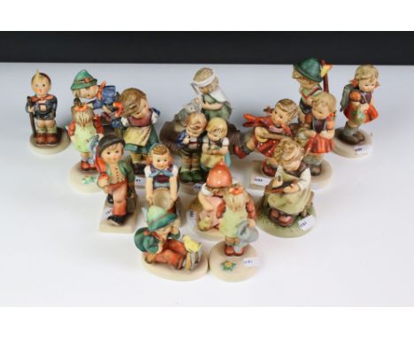 16 Goebel Hummel ceramic figures to include BH 25 Tender Loving Care, 377 Bashful, 220 We Congratulate, 74 Little Gardener, 5