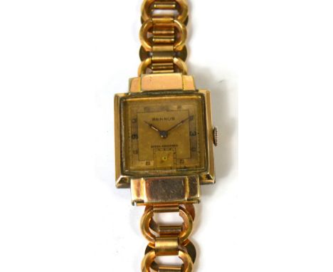 Benrus; late 1930s gentlemen's Art Deco Tank Style watch, pink gold filled case, salmon and pink gold concentric square chapt