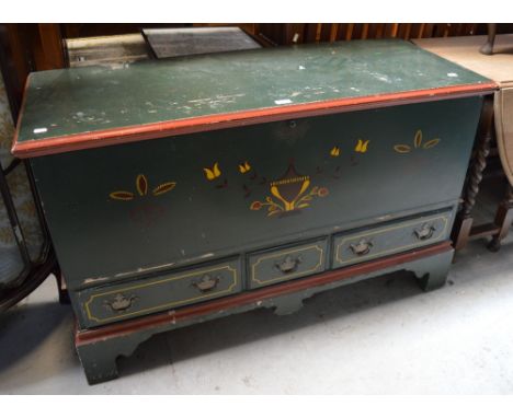 A Lane of Virginia painted Shaker style marriage chest, lift up top over three drawers on shaped bracket feet, with original 