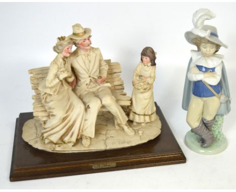 A Nao figure of a young cavalier and an A. Bellari group figurine of a couple on a bench and a young flower seller (2).