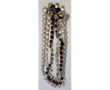 A 1950s Christian Dior three strand red and white rhinestone dress necklace. CONDITION REPORT Would benefit from a clean, oth