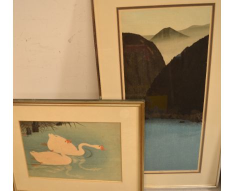 A Japanese woodblock print depicting two geese, 24 x 36cm and an artist's proof print entitled 'Saga', 58.5 x 26cm, both fram
