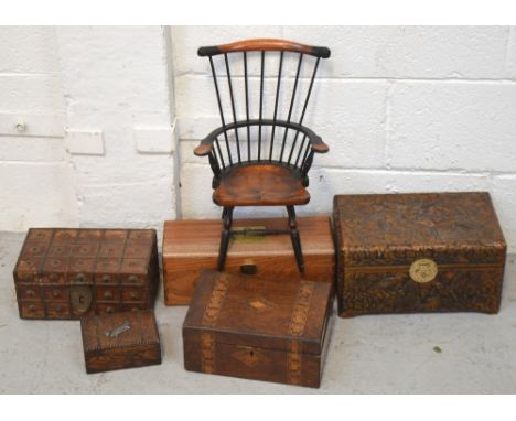Four vintage jewellery/trinket boxes and a miniature stick back chair etc.