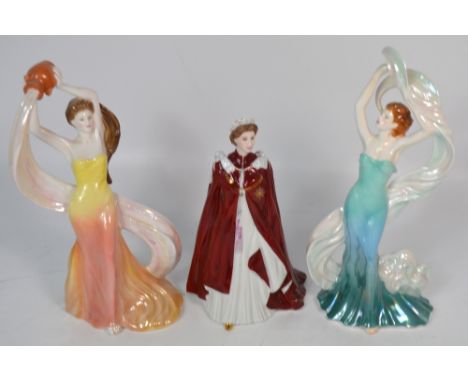 Three Royal Worcester figurines, two modelled by Richard Moore 'Aquamarine', 'Earth Song', and 'Queen Elizabeth II' in Celebr