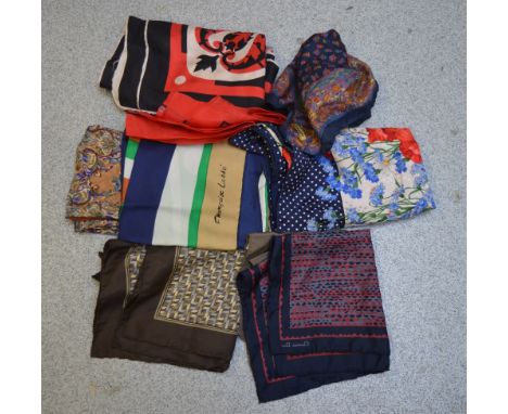 Approximately ten vintage silk scarves of varying designs to include Francoise Labbe, Diane Fres, Jean D'Orly and four vintag