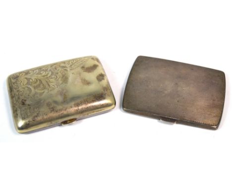 A George VI hallmarked silver engine turned cigarette case, London 1936, approx 2ozt, and a plated cigarette case with scroll
