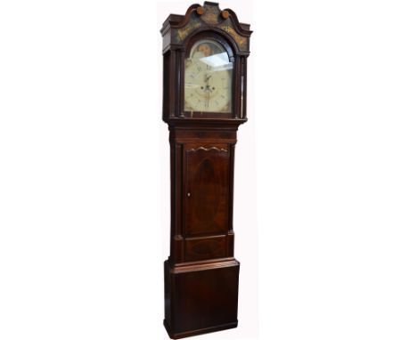 An early 19th century George Monks of Prescot eight day mahogany inlaid longcase clock, the scrolling inlaid pediment above g