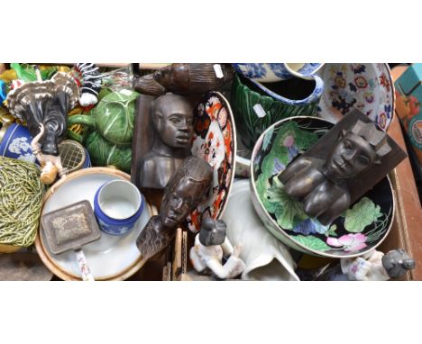 Two boxes of ceramics to include a teapot in the form of a cabbage, six Sarreguemine French plates decorated with raised leav