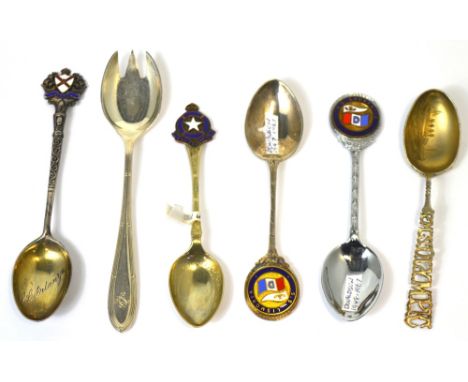 A rare c.1912 RMS Olympic silver plated teaspoon, two similar mid 20th century teaspoons with enamel decoration, one for the 