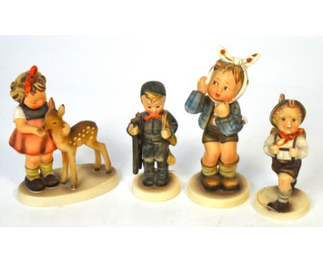 Four Hummel figures to include a young girl feeding a deer, a child with toothache, a young boy hiking and one other (4). CON