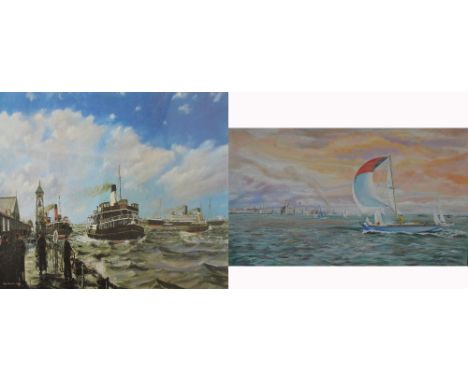 M.E. WALTON; oil on board entitled 'Tall Ships', signed lower right and dated 1997, image size 45 x 60cm, framed and after Th