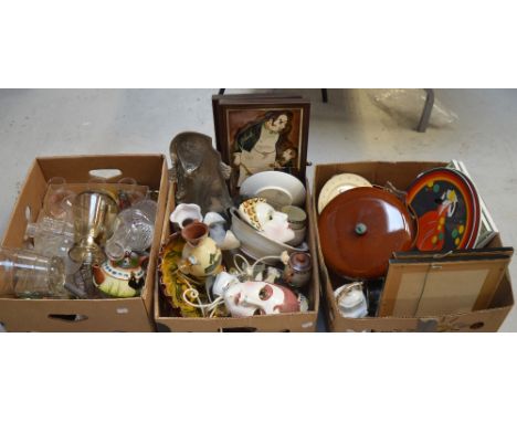 A collector's lot comprising glassware to include decanters, Clarice Cliff style plates and further items to include a biscui