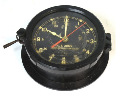A Chelsea Clock Co. of Boston circular ship's clock, the black painted dial inscribed 'U.S. Army Clock Message Centre M2', di