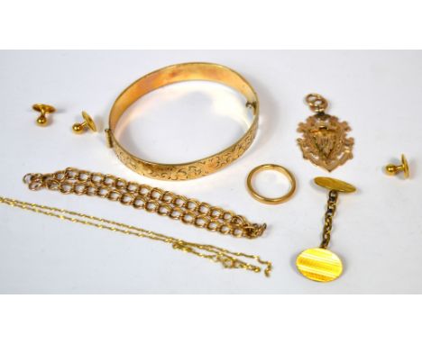 A gold plated bangle, a yellow metal chain bracelet, a fine 9ct gold chain, a 9ct gold wedding band and a 9ct nursing medalli
