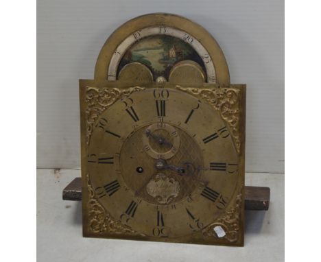 A c.1780 William Lassel brass longcase clock movement, moon dial set with Roman numerals and marked 'W. Lassel Toxteth Park',