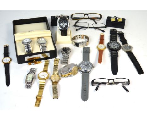 Various spectacle frames and cases to include, Bench, Timberland, Davidoff, two pairs of white metal and enamel dress cufflin