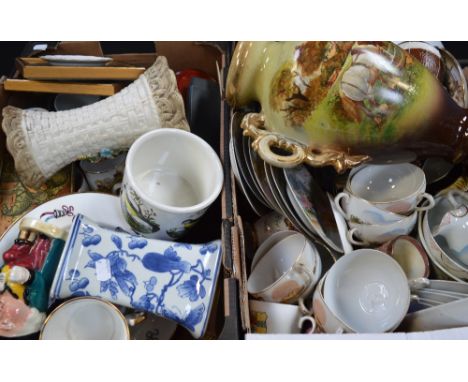 Two boxes of ceramics to include Toby jugs, Japanese teaware, Portmeirion planter and various plates and Royal commemorative 