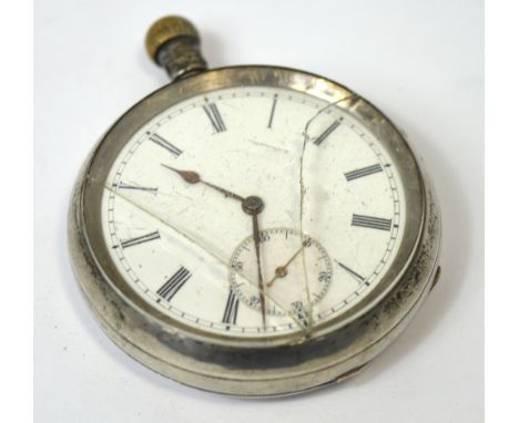 A silver open faced crown wind pocket watch, enamel dial set with Roman numerals and subsidiary seconds hand (af).