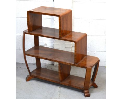 A retro Art Deco style walnut hall table and bookshelf, in a graduating step design on curved bracket feet, 80 x 77cm.