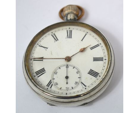 A silver open faced crown wind pocket watch, enamel dial set with Roman numerals and subsidiary seconds hand.