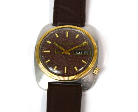 Bulova Accutron; late 1960s model 218 gentlemen's wristwatch, stainless steel case with gold filled bezel, chocolate 'spatter