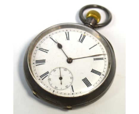 Omega; a silver gentleman's open faced pocket watch the enamel dial set with Roman numerals and subsidiary seconds dial, diam