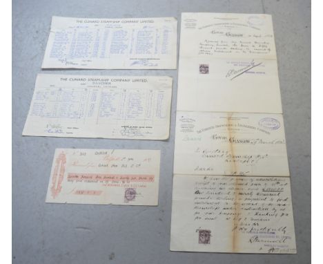 A quantity of maritime ephemera including documents for the Cunard ships Alauria and Saxonia, two receipts from Fairfield Shi