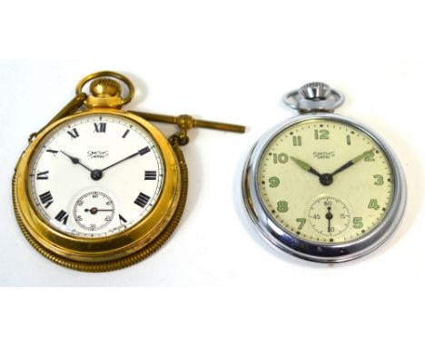 A Smiths gold plated open faced pocket watch the enamel dial set with Roman numeral and subsidiary seconds dial, and a Smiths