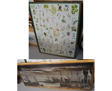 After Folland; a print, 'Peaceful Harbour', gallery label verso, 38 x 100cm and a large print of medicinal flowers, 65 x 95cm