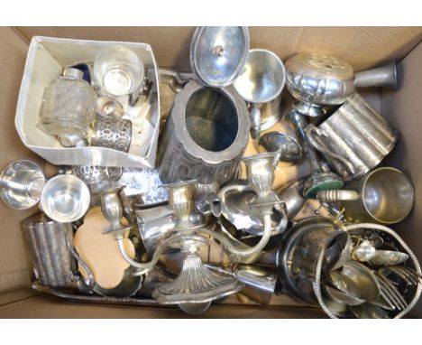 A quantity of plated ware to include candelabrum, tea service, condiments, a silver-topped perfume bottle and a quantity of p