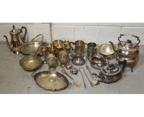 A quantity of silver-plated items and metalware to include a three piece tea service, dishes, drinking vessels etc.