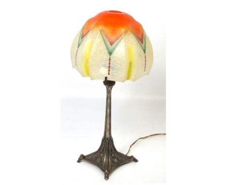 A W.M.F. white metal Art Deco lamp stand with an associated Art Deco glass shade, height 44cm. 