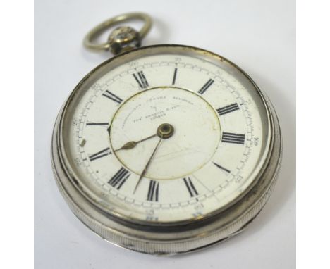 A hallmarked silver open faced chronograph pocket watch, enamel dial set with Roman numerals and inscribed 'Thomas Russel and