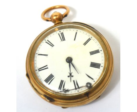 A 9ct gold open faced pocket watch, enamel dial set with Roman numerals.