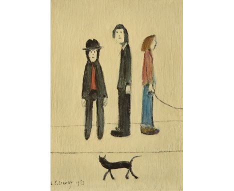 LAURENCE STEPHEN LOWRY (1887-1976); a signed limited edition coloured print 'Three Men and a Cat', signed in pen lower right,