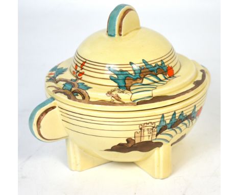 A Clarice Cliff Art Deco small lidded bowl on stepped Art Deco stylised supports, marks to the base 'Clarice Cliff Wilkinson 