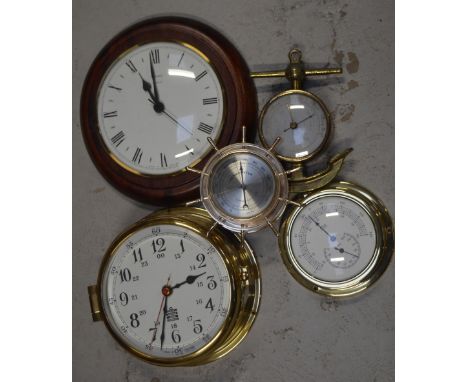 A Sewills of Liverpool brass ship's style clock, a brass mounted barometer in the form of an anchor and three further quartz 