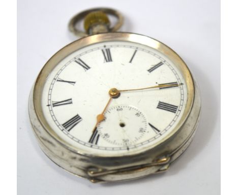 A silver open faced crown wind pocket watch, enamel dial set with Roman numerals and subsidiary seconds hand (af).