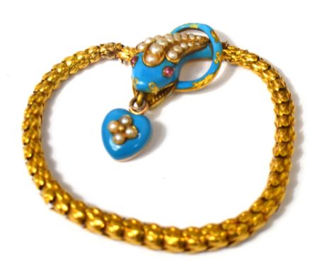 A 19th century yellow metal graduating link bracelet in the form of a snake, the turquoise enamelled head set with graduating