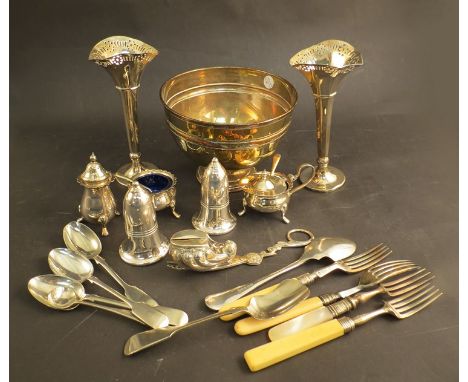 A selection of silver plated cutlery including cruet spoon, pickle fork etc. A pair of EPNS vases, a bowl and five cruet item